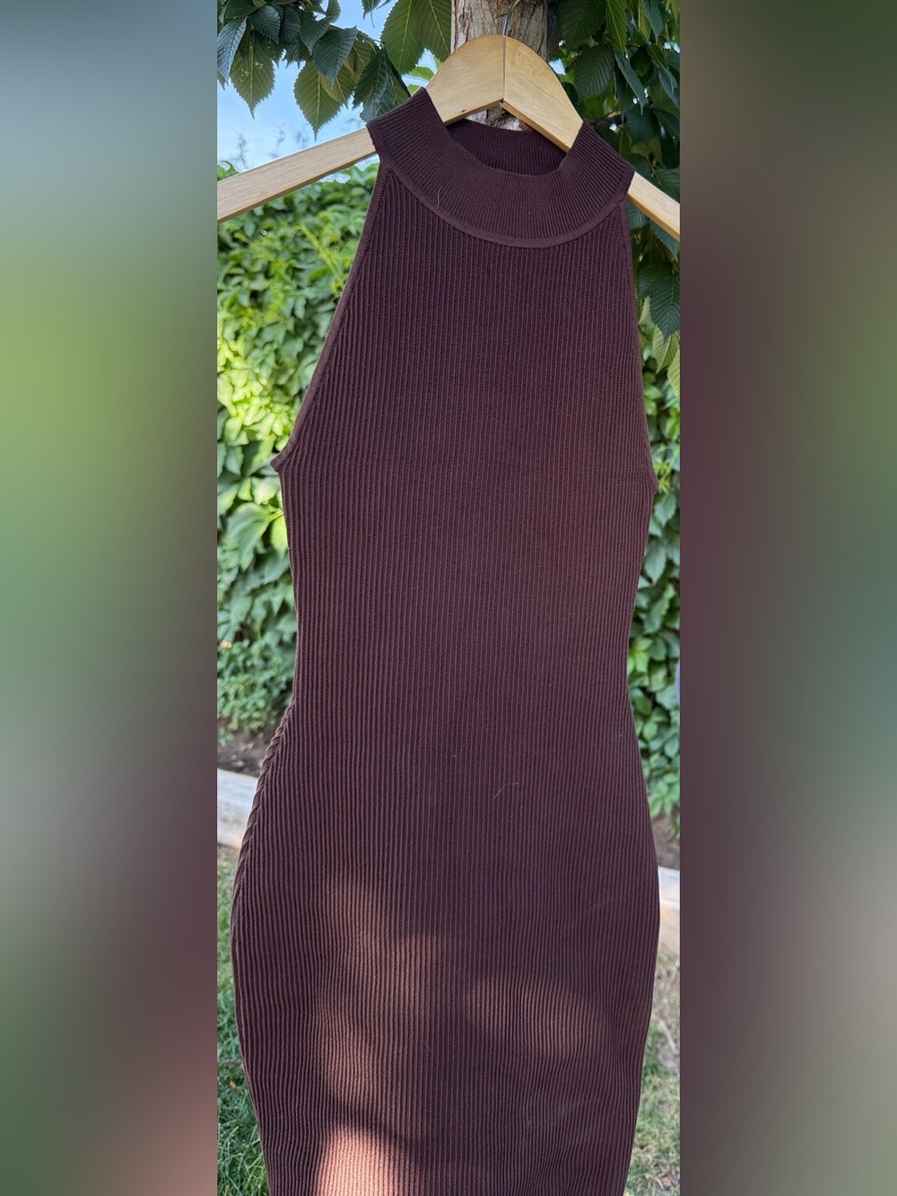 Babaton Ribbed High-Neck Midi Dress in Deep Brown